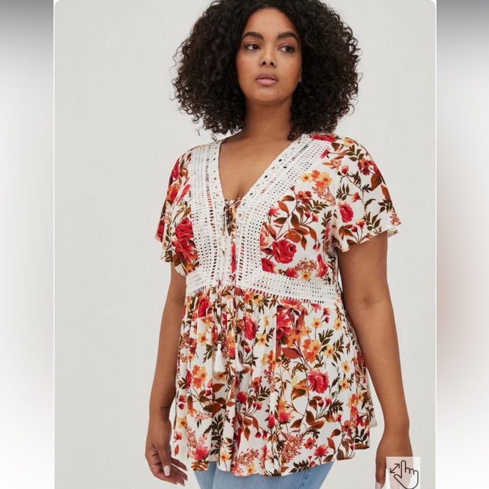 Torrid Blouse Tunic Women's 2X Multicolor Floral Crochet Peasant Cottagecore